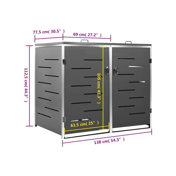 Abri de Jardin 2 Poubelles Cache Poubelle Métal Anthracite et Inox