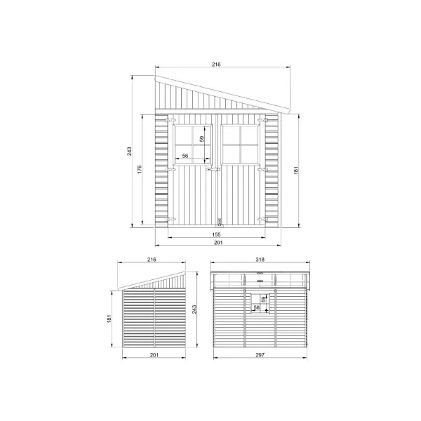 Abri de jardin Adossé 6,86m² Bois Massif Pin et Epicéa 17 mm