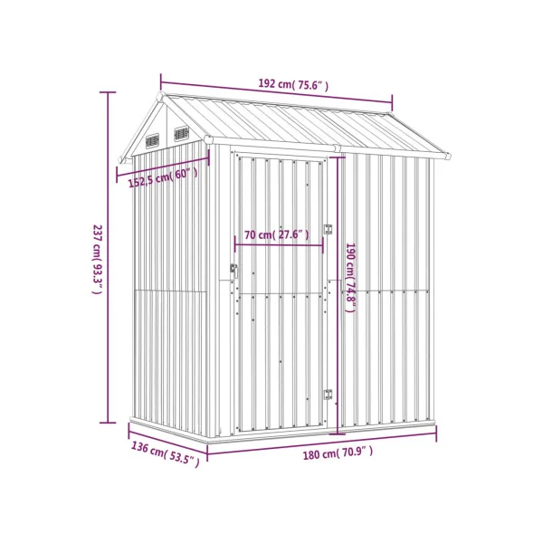 Abri de Jardin en Métal Galvanisé 2,91 m² Gris Abri Métallique Stockage Bois Outillage