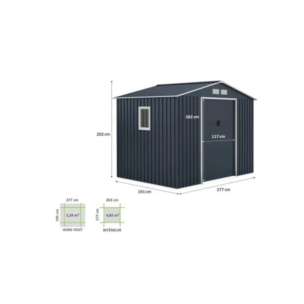 Abri de Jardin en Métal Gris Anthracite 5,30m² + Kit Ancrage Abri Jardin Métallique Rangement Bois