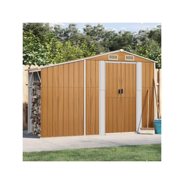 Abri de jardin en Métal Imitation Bois 2,57m² + Bûcher Abri Métallique de rangement