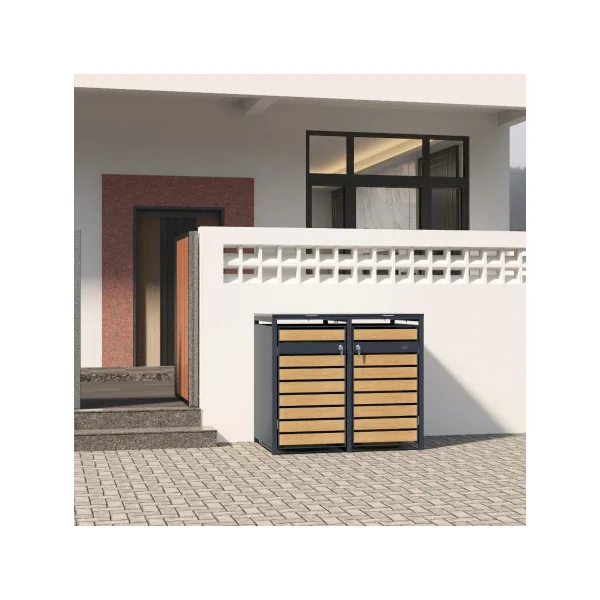 Abri de Jardin pour Poubelles Double Habillage Poubelle Métal Anthracite Imitation bois