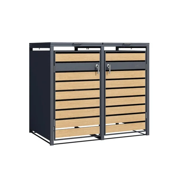 Abri de Jardin pour Poubelles Double Habillage Poubelle Métal Anthracite Imitation bois
