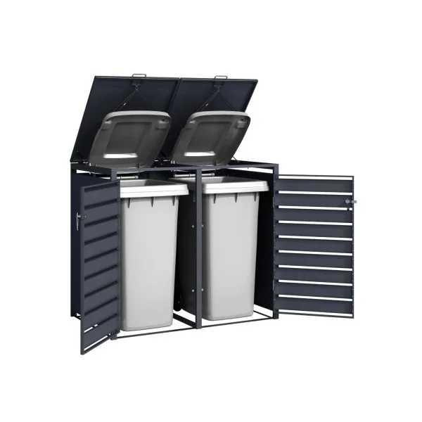 Abri de Jardin pour Poubelles Double Habillage Poubelle Métal Anthracite Imitation bois