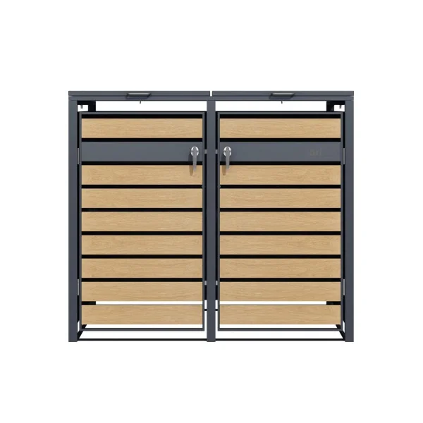 Abri de Jardin pour Poubelles Double Habillage Poubelle Métal Anthracite Imitation bois