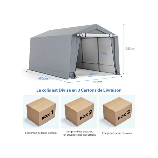 Abri Garage Voiture 290x490 cm Tente de Stockage en Acier Abri de Voiture Toutes Saisons pour SUV Bateau