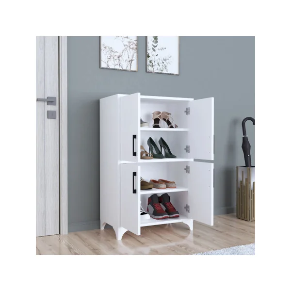 Armoire Basse Blanche 4 Portes 4 Etagères Meuble de Rangement Salon ou Chambre