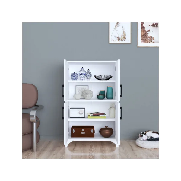 Armoire Basse Blanche 4 Portes 4 Etagères Meuble de Rangement Salon ou Chambre