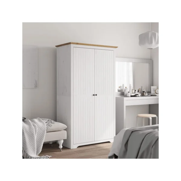 Armoire Blanche et Bois 2 Portes en Pin Massif Dressing Blanc Armoire Chambre Moderne