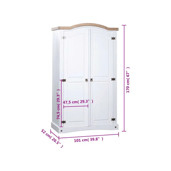 Armoire Bois de Pin Blanc et Marron 2 Portes Dressing Armoire Chambre Garde Robe