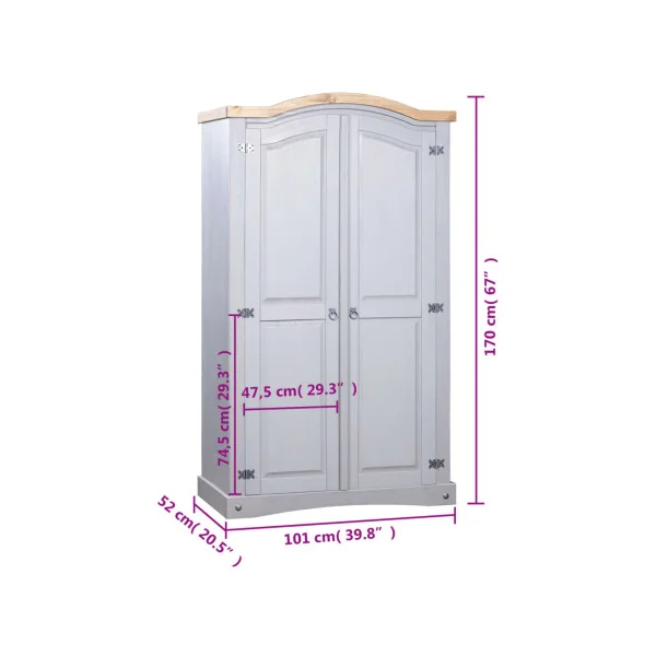 Armoire Bois de Pin Gris et Marron 2 Portes Dressing Armoire Chambre Garde Robe