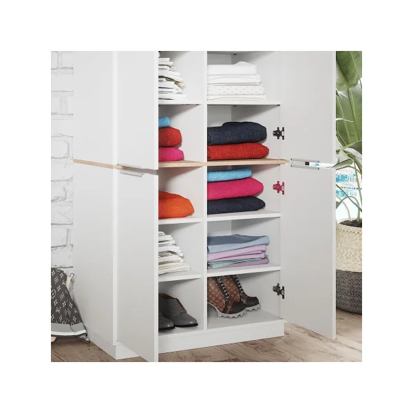 Armoire Chambre Blanc et Chêne Armoire avec 14 Etagères Rangement Vêtement Dressing