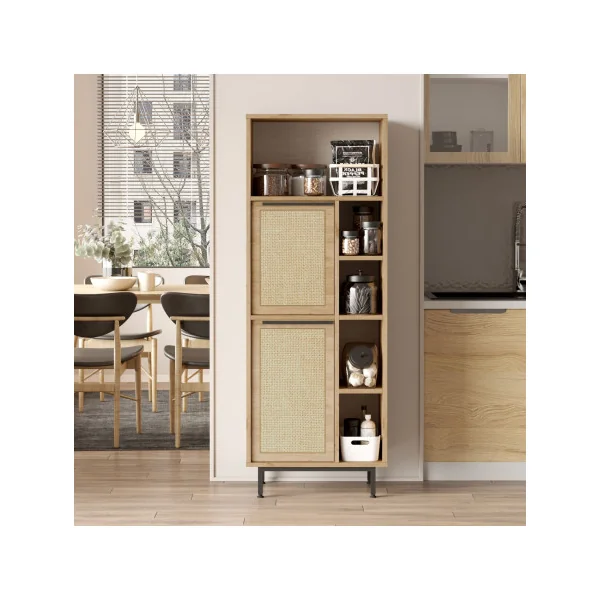 Armoire de Cuisine Chêne et Rotin 2 Portes 9 Compartiments Armoire de Salle de Bain