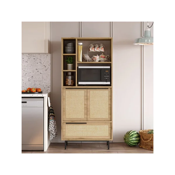Armoire de Cuisine Chêne et Rotin 8 Compartiments Meuble Rangement Salon