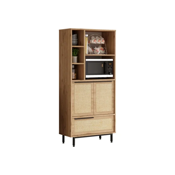 Armoire de Cuisine Chêne et Rotin 8 Compartiments Meuble Rangement Salon
