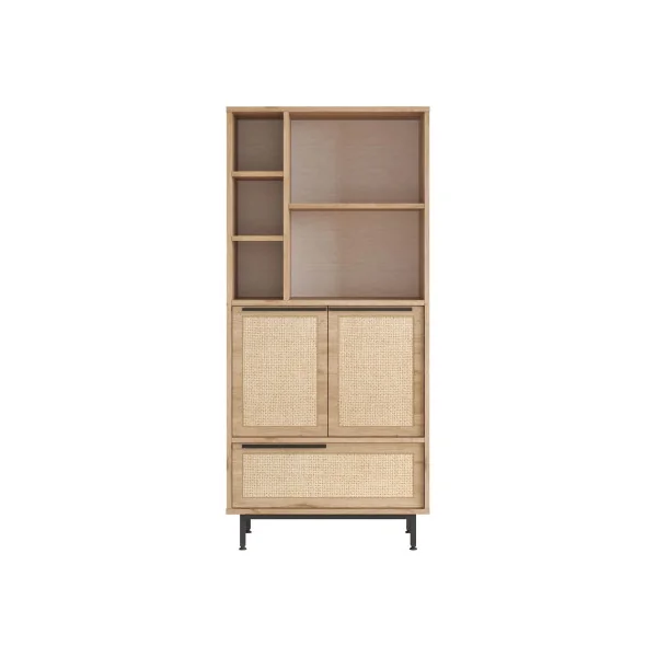 Armoire de Cuisine Chêne et Rotin 8 Compartiments Meuble Rangement Salon