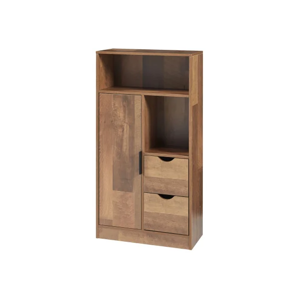Armoire de Salle de Bain Noyer et Noir 1 Placard 2 Tiroirs 2 Rangements Ouverts