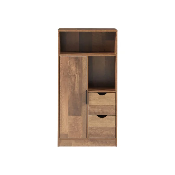 Armoire de Salle de Bain Noyer et Noir 1 Placard 2 Tiroirs 2 Rangements Ouverts