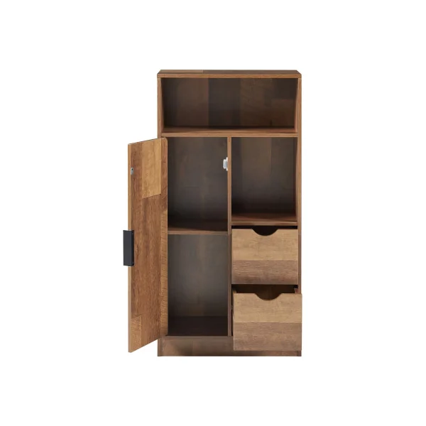 Armoire de Salle de Bain Noyer et Noir 1 Placard 2 Tiroirs 2 Rangements Ouverts