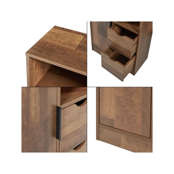 Armoire de Salle de Bain Noyer et Noir 1 Placard 2 Tiroirs 2 Rangements Ouverts