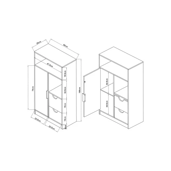 Armoire de Salle de Bain Noyer et Noir 1 Placard 2 Tiroirs 2 Rangements Ouverts