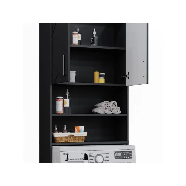 Armoire Lave Linge Anthracite et Brillant Armoire Machine à Laver Armoire Rangement Salle de Bain Sèche Linge