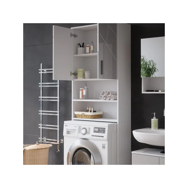 Armoire Lave Linge Blanc Brillant Armoire Machine à Laver Armoire Rangement Salle de Bain Sèche Linge