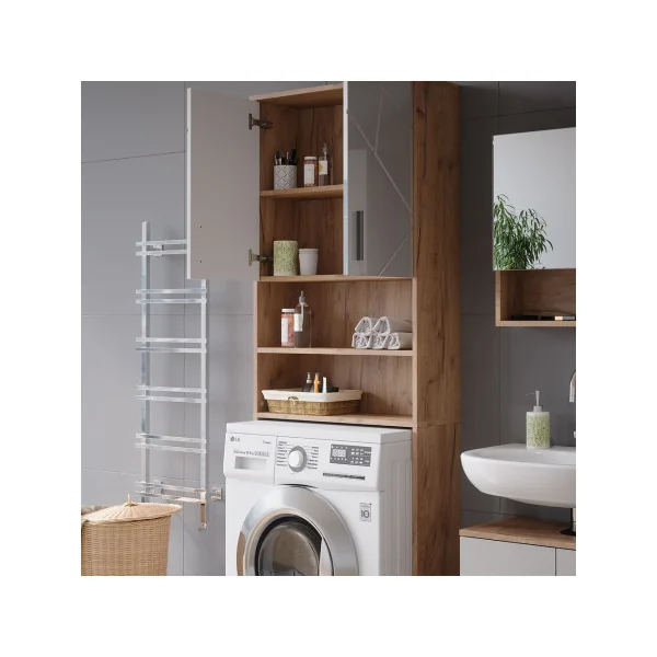 Armoire Lave Linge Blanc Brillant et Chêne Armoire Machine à Laver Armoire Rangement Salle de Bain Sèche Linge