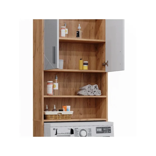 Armoire Lave Linge Blanc Brillant et Chêne Armoire Machine à Laver Armoire Rangement Salle de Bain Sèche Linge