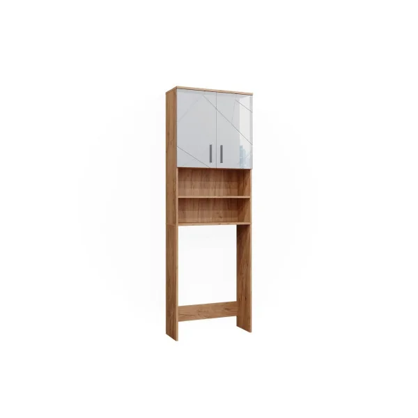 Armoire Lave Linge Blanc Brillant et Chêne Armoire Machine à Laver Armoire Rangement Salle de Bain Sèche Linge