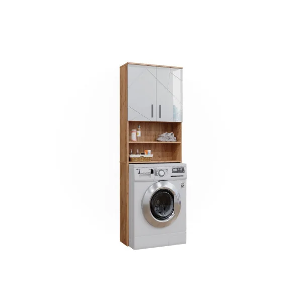 Armoire Lave Linge Blanc Brillant et Chêne Armoire Machine à Laver Armoire Rangement Salle de Bain Sèche Linge