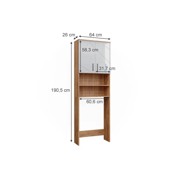 Armoire Lave Linge Blanc Brillant et Chêne Armoire Machine à Laver Armoire Rangement Salle de Bain Sèche Linge