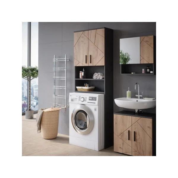 Armoire Lave Linge Noir et Chêne Armoire Machine à Laver Armoire Rangement Salle de Bain Sèche Linge