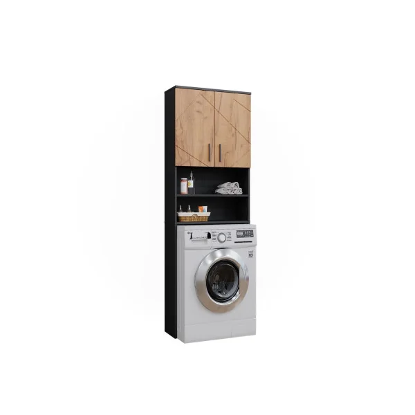 Armoire Lave Linge Noir et Chêne Armoire Machine à Laver Armoire Rangement Salle de Bain Sèche Linge
