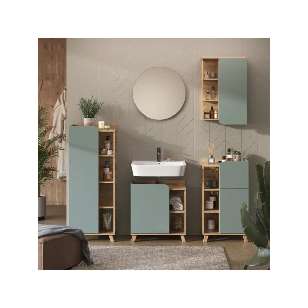Armoire Murale Salle de bain Vert de Gris et Chêne Armoire avec rangement de salle de bain