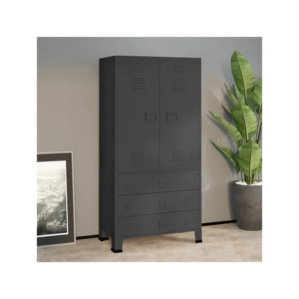 Armoire Métal Anthracite Dressing 2 Portes 3 Tiroirs Garde-robe Penderie Chambre