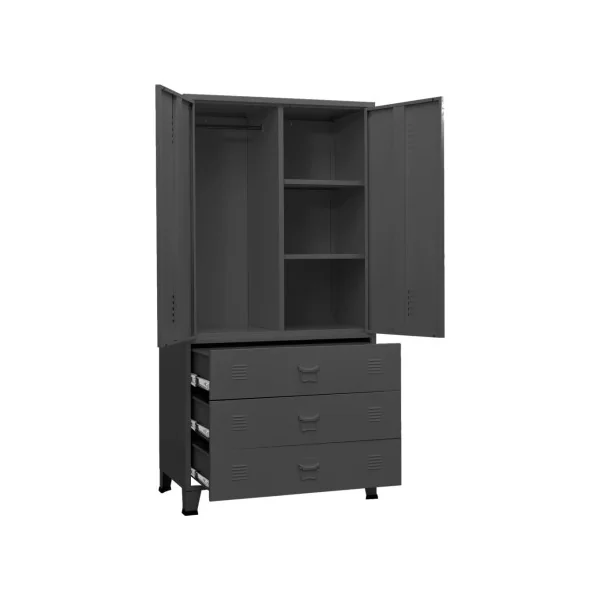 Armoire Métal Anthracite Dressing 2 Portes 3 Tiroirs Garde-robe Penderie Chambre