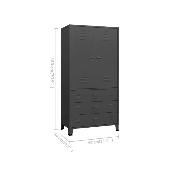 Armoire Métal Anthracite Dressing 2 Portes 3 Tiroirs Garde-robe Penderie Chambre