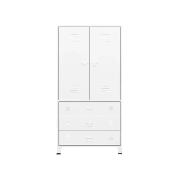 Armoire Métal Blanche Dressing 2 Portes 3 Tiroirs Garde-robe Penderie Chambre