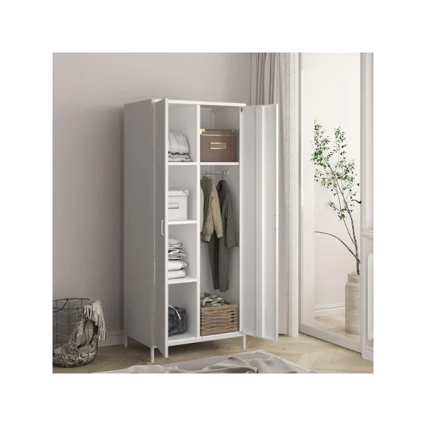 Armoire Métal Blanche Dressing 2 Portes avec Penderie Garde-robe Chambre