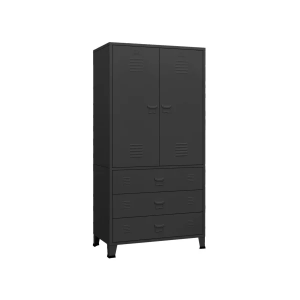 Armoire Métal Noir Dressing 2 Portes 3 Tiroirs Garde-robe Penderie Chambre