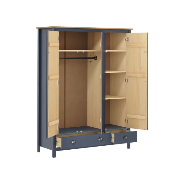 Armoire Pin Gris et Bois 3 Portes 2 Tiroirs Dressing Armoire Chambre Garde Robe