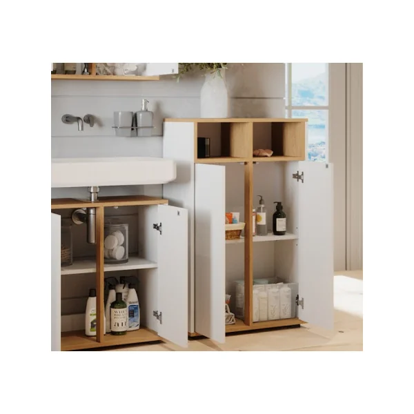 Armoire Salle de Bain Blanc et Chêne Meuble Rangement avec Portes et Compartiment Ouvert
