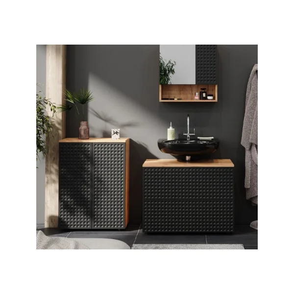 Armoire Salle de Bain Chêne Anthracite avec Miroir Armoire avec Rangement Meuble Miroir Salle de Bain