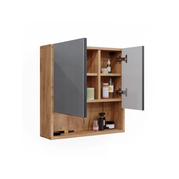 Armoire Salle de Bain Chêne Anthracite avec Miroir Armoire avec Rangement Meuble Miroir Salle de Bain