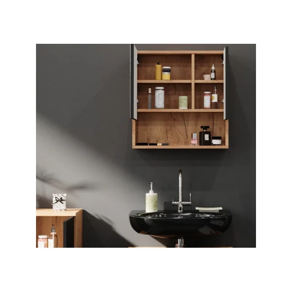 Armoire Salle de Bain Chêne Anthracite avec Miroir Armoire avec Rangement Meuble Miroir Salle de Bain