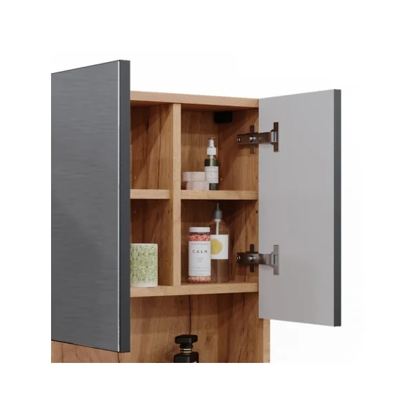 Armoire Salle de Bain Chêne Anthracite avec Miroir Armoire avec Rangement Meuble Miroir Salle de Bain