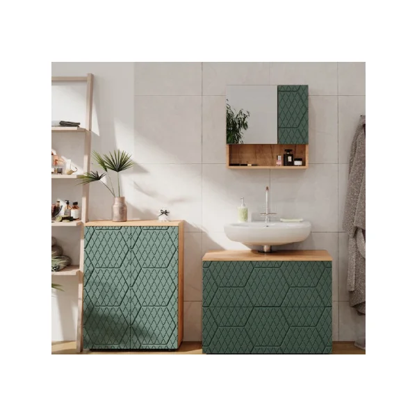 Armoire Salle de Bain Chêne Vert avec Miroir Armoire avec Rangement Meuble Miroir Salle de Bain