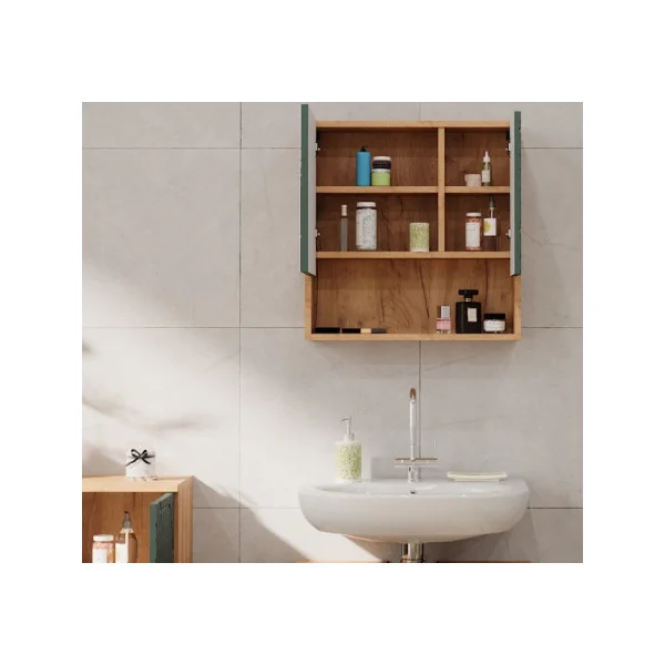 Armoire Salle de Bain Chêne Vert avec Miroir Armoire avec Rangement Meuble Miroir Salle de Bain