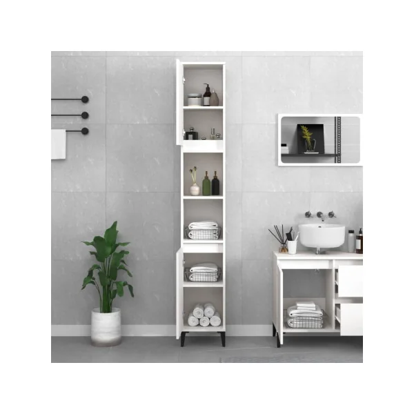 Armoire Salle de Bain Haute Blanc Colonne Salle de Bain 2 Placards Pieds Métal